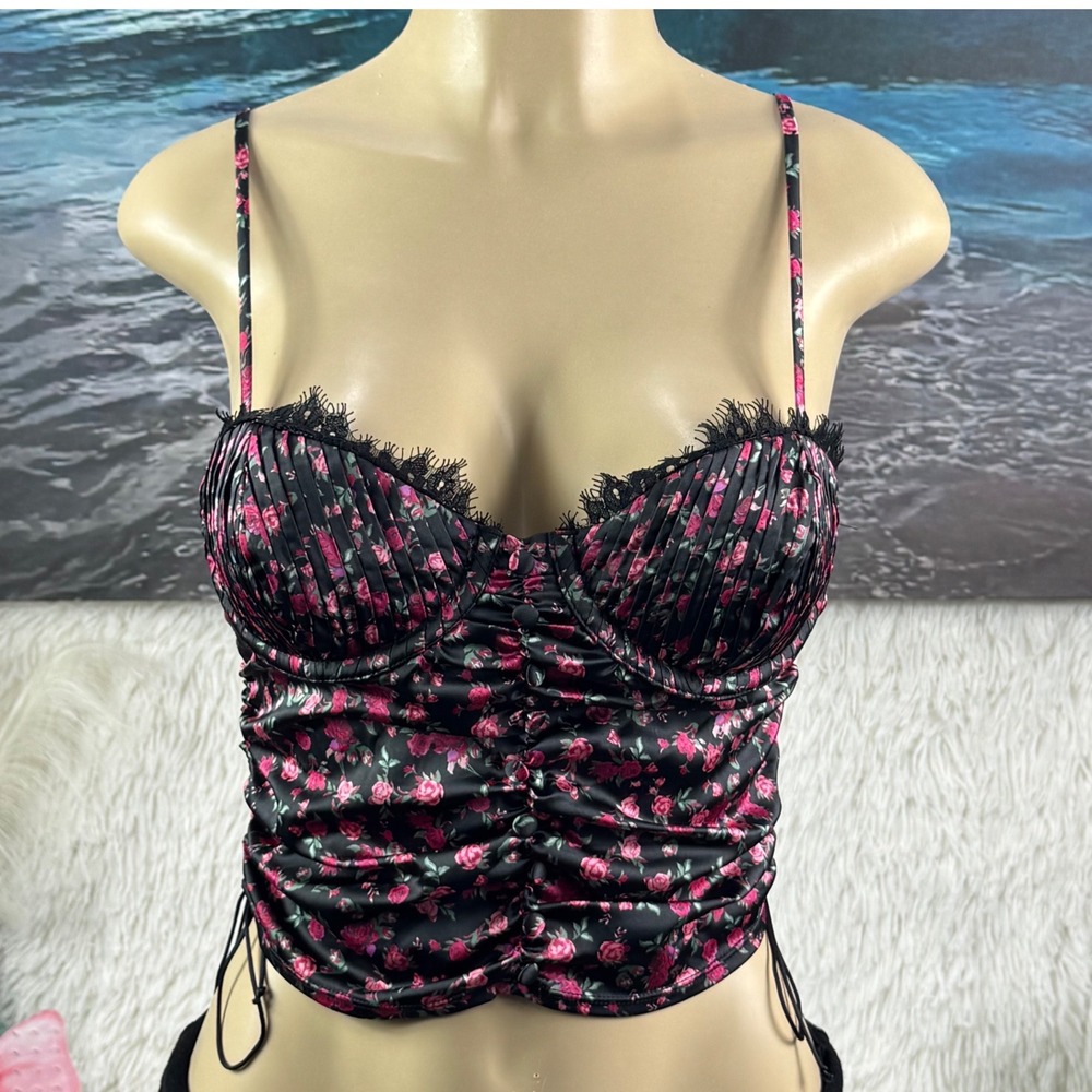 For Love & Lemons Black Rose Floral Satin Corset Bustier Top Size S